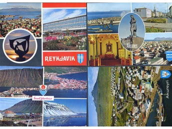 Island 4vykort från 4isländska städer Isafjördur Akranes Akureyri Reykjavik