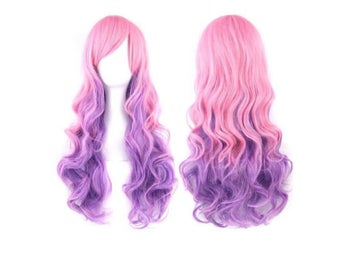 Ny Halloween layv cosplay Lång lockig peruk rosa wig lila hår