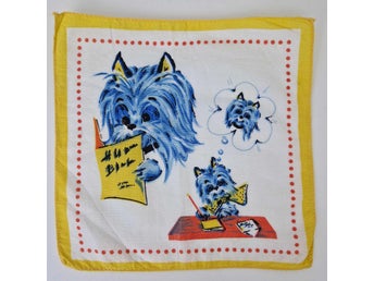 Blue Terrier Dog Handkerchief - Yellow Border - Retro Style Printed Hankie