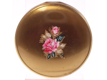 Vintage gold-tone metal compact with pink rose detail-circa 1950s UK-Weight 64g
