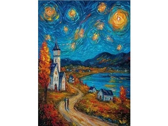 Van Gogh Stjärnklar natt med kyrka och små hus