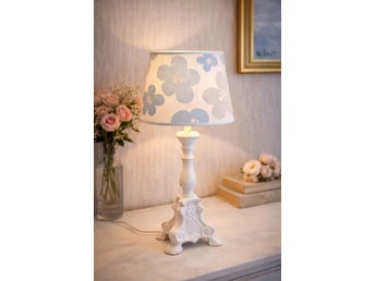 Lampskärm blommig retro stil blå/beige – cylinderformad ca 18 cm