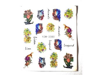 Nail art transfer stickers vilda djur leopard lejon tiger exotisk watercolor