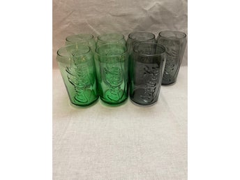 7 st Coca-Cola Can Glass – gröna & rökgrå – retro samlarglas 12 cm