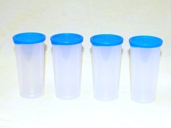 Tupperware, 4 st. bägare. transparenta, blå lock, vattentäta, 1,65 dl, NYA