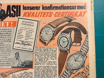 Retro-annons ”ASU lanserar konfirmationsur” från 1953