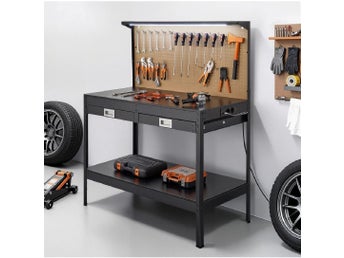 Arbetsbänk 120 cm med verktygstavla, LED, lådor & eluttag – 110 kg