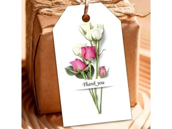 10-p Vita Presentetiketter med Rosa Rosor! Text. Thankyou. Papper.
