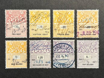Nederländerna - serie med 8 skattemärken 1930-40 talet