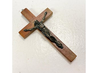 Krucifix Jesus Religion Metall Mässing Trä Vitnage Kors Ikon (A1)