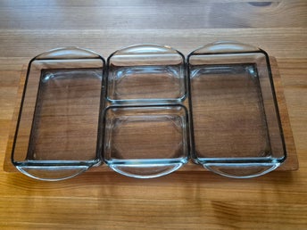Serveringsset med glasskålar och träbricka 50/60-tal