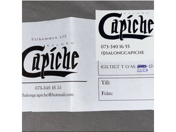 Presentkort salong Capiche i Nora 1800 kr värde 2200 kr