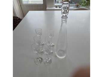 Retro glaskaraff & 6 likörglas med vita ränder | Stilren 50-tal / 60-tal