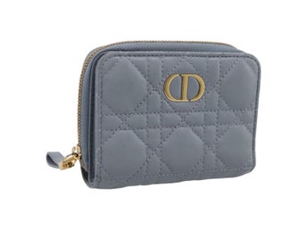 Christian Dior Caro Bifold Wallet Läder Blå Guld Auth 201373A - Jerrillo