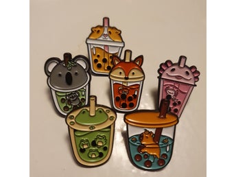 6 st Emalj Pins - Bubble Tea Djur