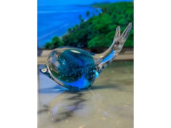 Konstglas Fågel / Val i Blått och Klart Glas - Svensk Glaskonst med Bubblor