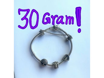 Pandora Armband 20½CM *30-GRAM! 3st Berlocker; En Dubbel Med Kedja *Toppenskick!