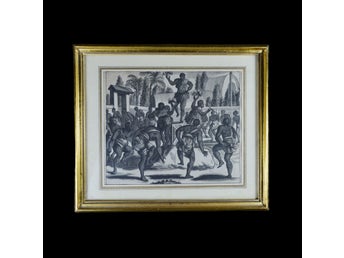 The drug ayahuasca: CEREMONY OF THE TUPI PEOPLE. Engraving, glass & frame, 1673