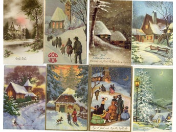 8 småformatiga tecknade Jul/Nyårskort charmiga vintervyer 1930-50tal