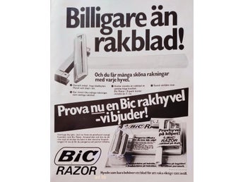 BIC HYVEL - BILLIGARE ÄN RAKBLAD, REKLAM TIDNINGSANNONS 1978