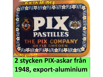 2st Plåtburk PIX Licquorice Pastilles. .ALUMINIUM! export,från år 1948. 6x4cm