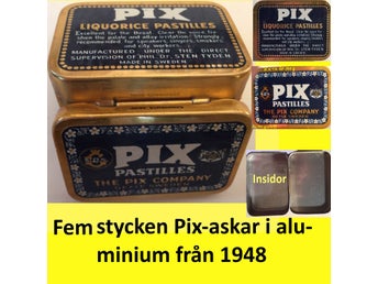 5 st! Plåtburkar PIX Lakrits Pastillesr.ALUMINIUM! export. Från år 1948. 6x4cm