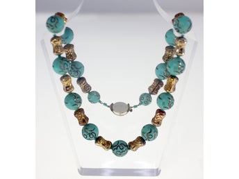 Vintage gold and green plastic bead and bauble necklace-circa 1980s-Weight 56g