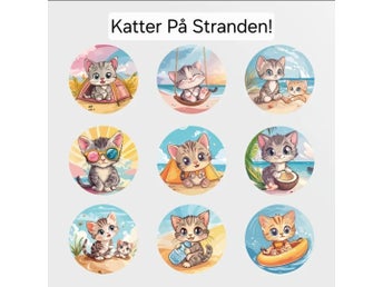 30 st små runda klistermärken med söta katter på stranden ! Katt.