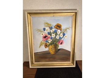Original oljemålning blomsterstilleben signerad på duk med äldre ram
