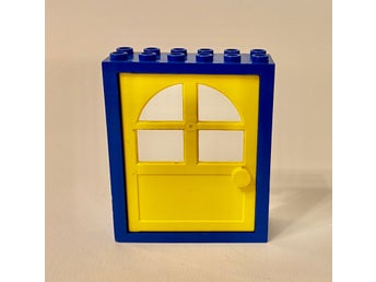 Lego FABULAND Blå Dörr med Gula Fönsterspröjs Vintage 80-tal 6 cm - Vänsterhängd