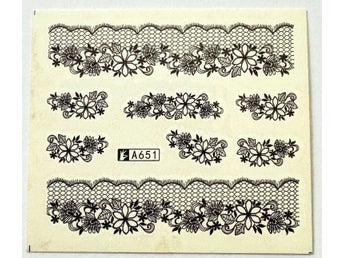 Nail art transfer stickers svart spetsmönster black lace floral manikyr elegant