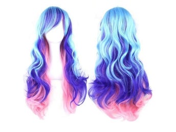 Ny Halloween layv wig blå rosa lila Lång syntetisk peruk i regnbågsfärger