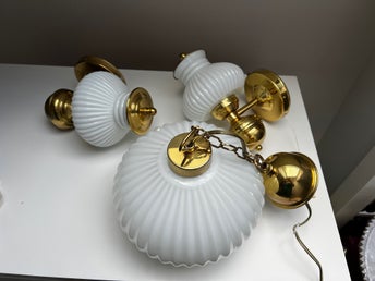 Retro lamp-set mässing & räfflat opalglas 60-tal | Taklampa + 2 vägg