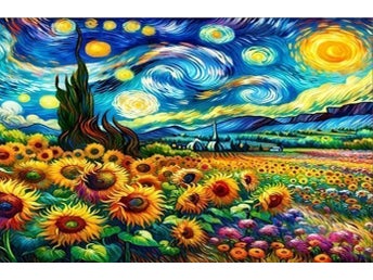 Målning med solrosor och stjärnhimmel - Van Gogh insprerad tavla