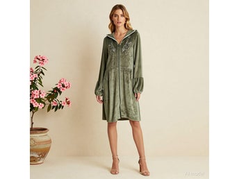 Fritidsklänning TINA WODSTRUP Grön S Velour Shift Huva Långärm Broderad Fickor
