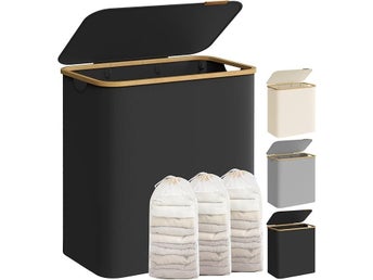 Stor tvättkorg med 3 fack, 150 l, Oxfordtyg, bambuhandtag, bläcksvar LCB515B01V1