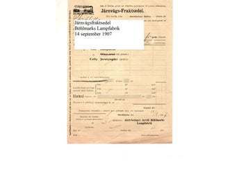 Järnvägsfraktsedel från AB Arvid Böhlmarks Lampfabrik till Målilla 14 sept 1907
