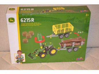 John Deere Traktor m. Vagn TIllbehör 6215 R Klein Set 59cm Ny