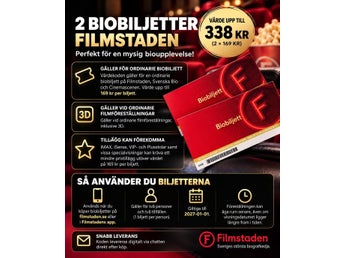2 st biobiljetter Filmstaden – värde 338 kr – digital leverans