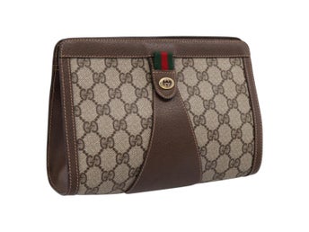 GUCCI GG Supreme Web Sherry Line Clutch Väska PVC Beige Guld 89 01 032 Autentisk