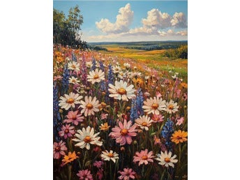Naturskön blomsteräng i sommarsol