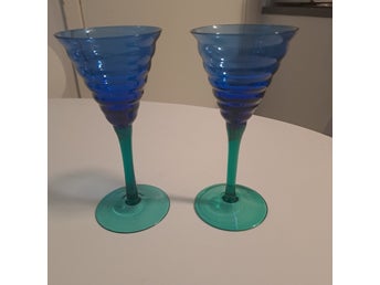 Vintage Vinglas Blå/Grön – Handblåsta Pier 1 Imports Retro 80-tal