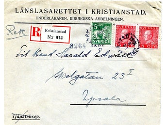 Rek-kuvert från Länslasarettet i Kristianstad Underläkaren Kirurgiska avd 1934