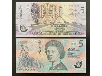 Australia Australien 5 dollars sedel (1992) ovikt/UNC P-50a.2 Grönt serienummer