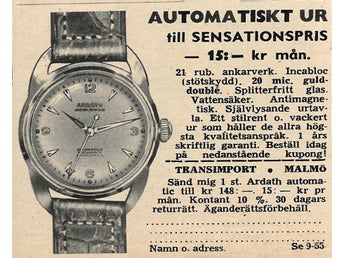 Ardath Automatic Herrklocka Utklippt Annons År 1955