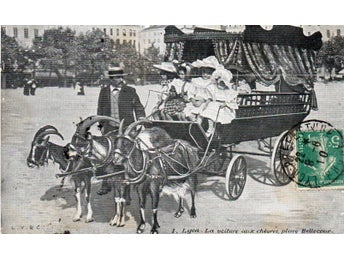 Gammalt vykort - Lyon, Bil med getter, Place Bellecour - N°6042