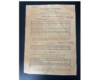 Gammal prislista från Palestina 1946