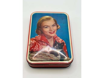 Retro Plåtburk kvinna med katt – Charmig vintageburk 50-tal
