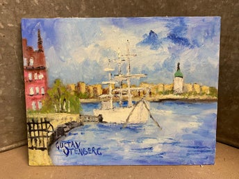 Gustav Stenberg (född 1924 Malmö) oljemålning. Motiv Af Chapman Stockholm