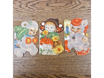 3 Vintage Flocked Die Cut Animal Christmas Cards Mid Century Unused
